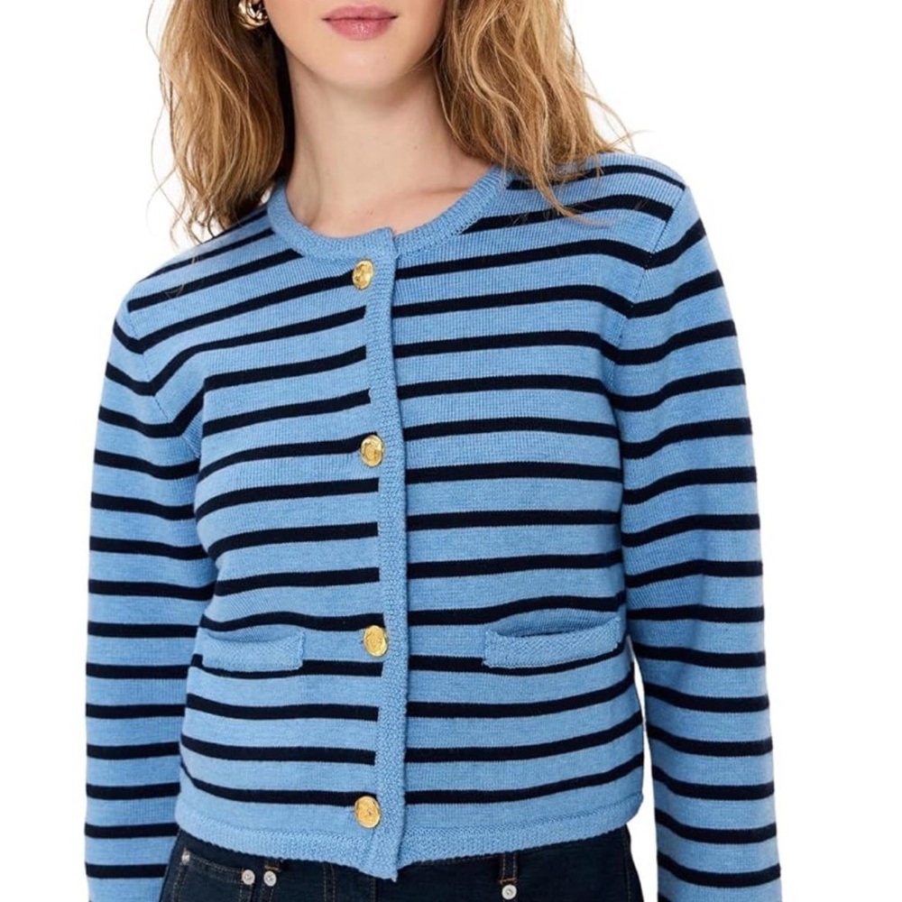 NWOT M English Factory Blue Navy Striped Crewneck Knit Cardigan
